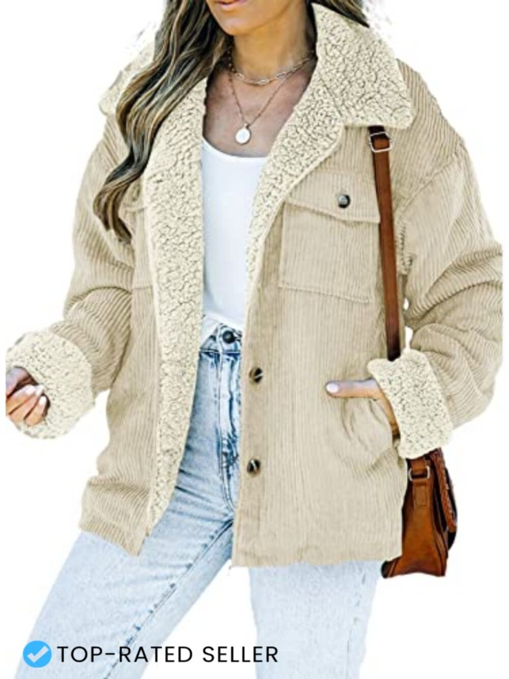 Corduroy Sherpa Jacket Fleece Lined Winter Coat Boyfriend Style Button Up